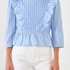 ENGLISH FACTORY Tops*- Gingham Check & Stripe Mixed Blouse POWDERBLUE