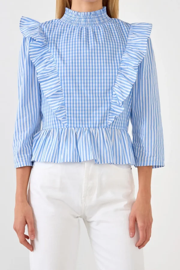ENGLISH FACTORY Tops*- Gingham Check & Stripe Mixed Blouse POWDERBLUE