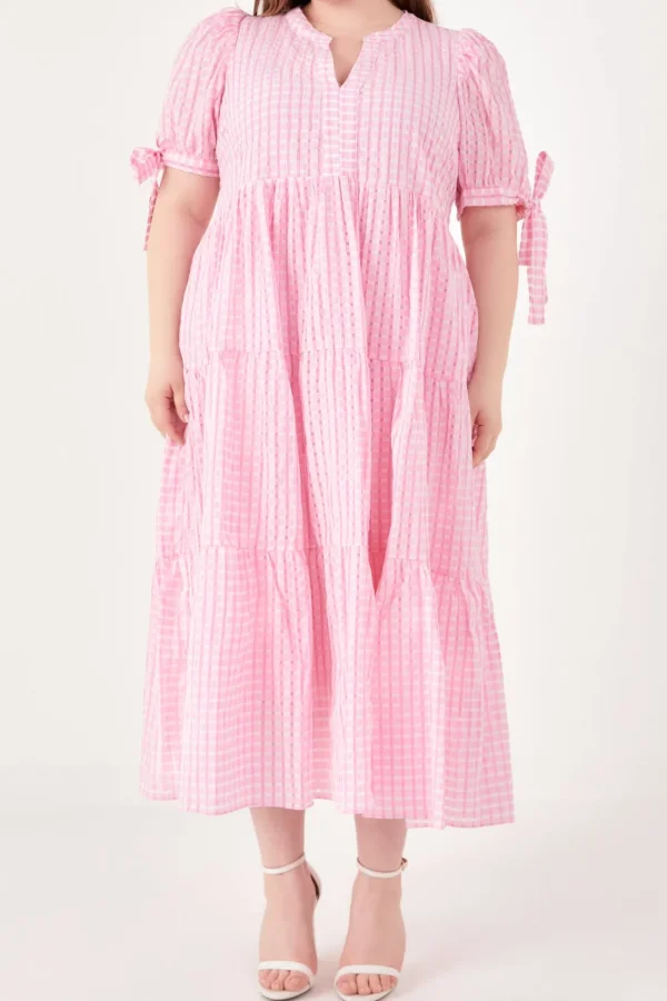 ENGLISH FACTORY White Dresses | Tops*- Gingham Tiered Midi Dress with Bow Tie Sleeves - Plus