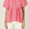 ENGLISH FACTORY Tops*- Gingham Neck Shirred Flowy Top PINK/RED