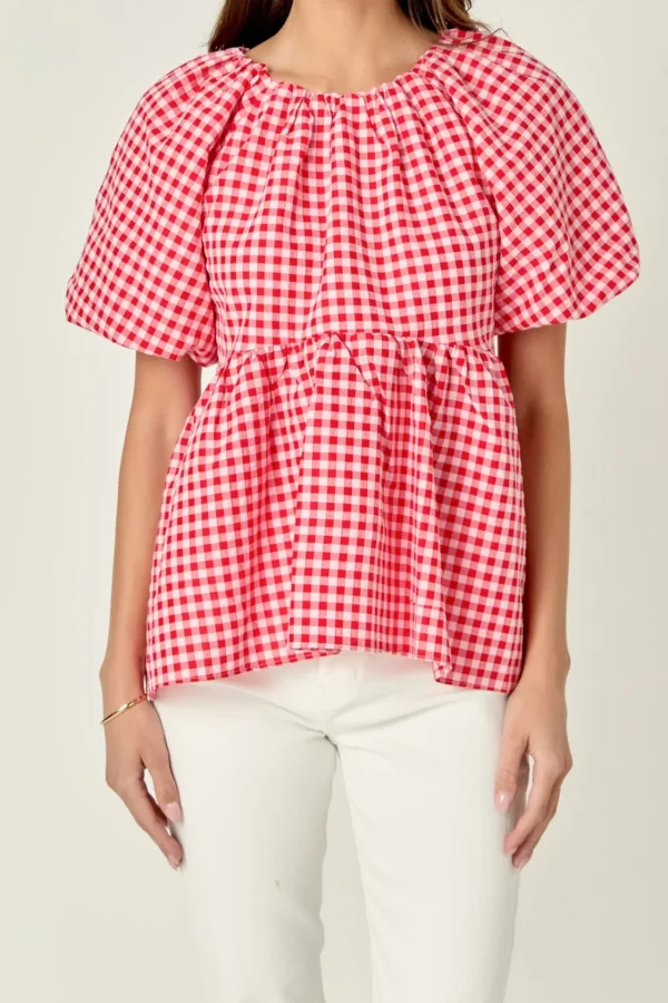 ENGLISH FACTORY Tops*- Gingham Neck Shirred Flowy Top PINK/RED