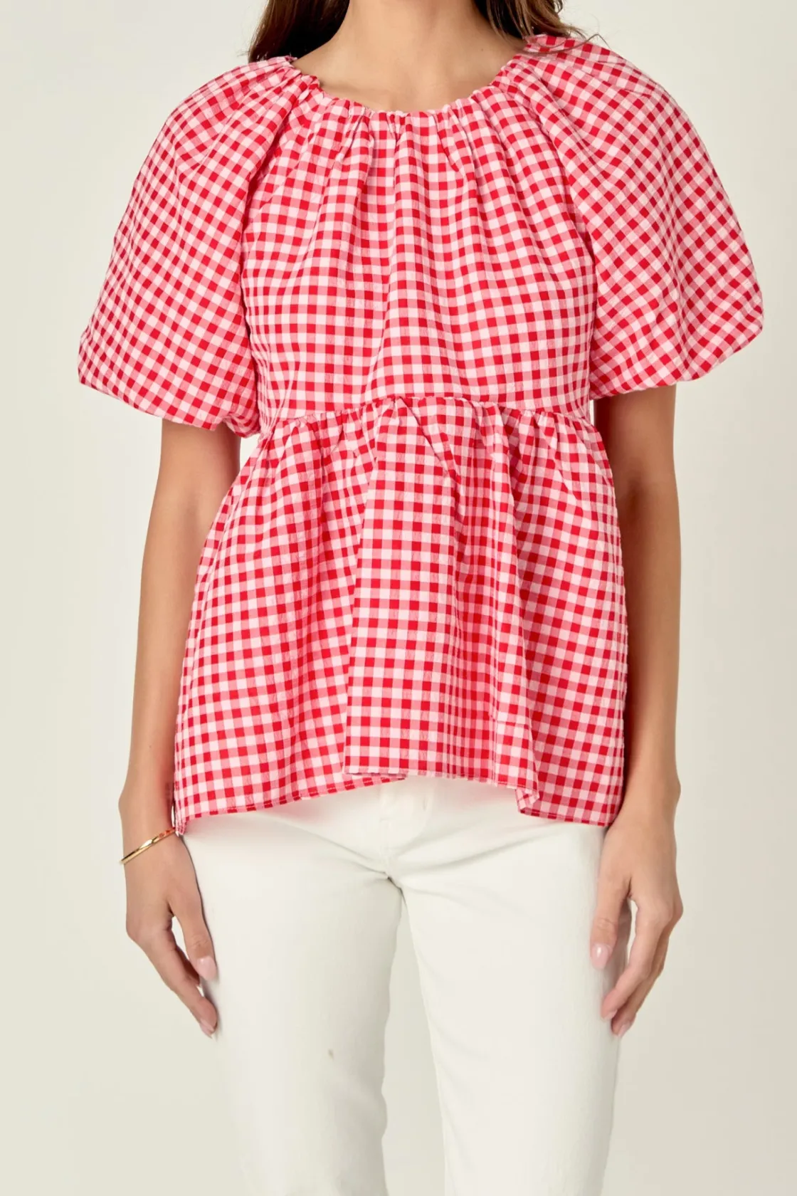 english_factory__gingham__0-4.webp ENGLISH FACTORY Tops*- Gingham Neck Shirred Flowy Top PINK/RED