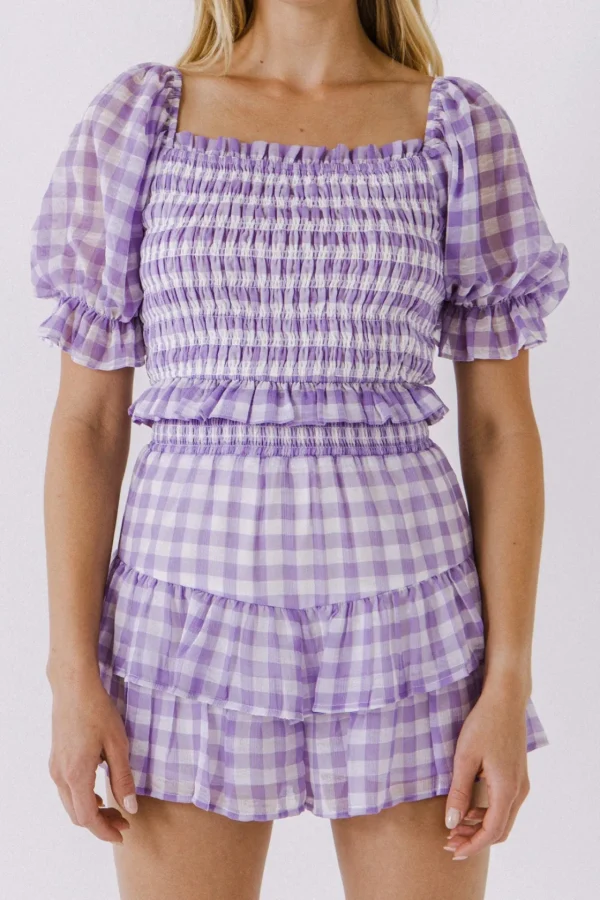 ENGLISH FACTORY Tops*- Gingham Print Smocked Top LILAC