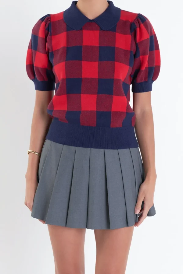 ENGLISH FACTORY Tops*- Gingham Collar Knit Top NAVY/RED
