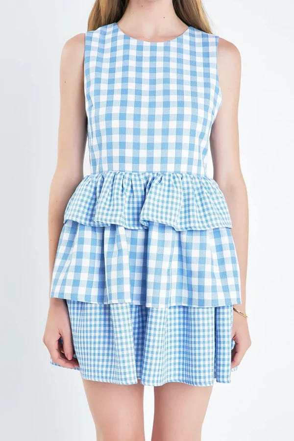 ENGLISH FACTORY Tops*- Gingham Tiered Sleeveless Mini Dress OCEANBLUE
