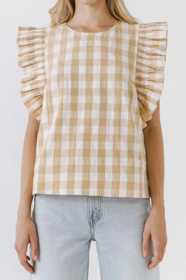 ENGLISH FACTORY Tops*- Gingham Ruffled Top BEIGE
