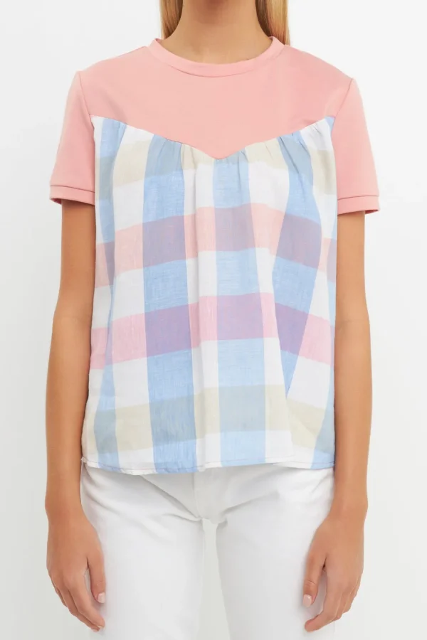 ENGLISH FACTORY Tops*- Gingham Combo Top PINK