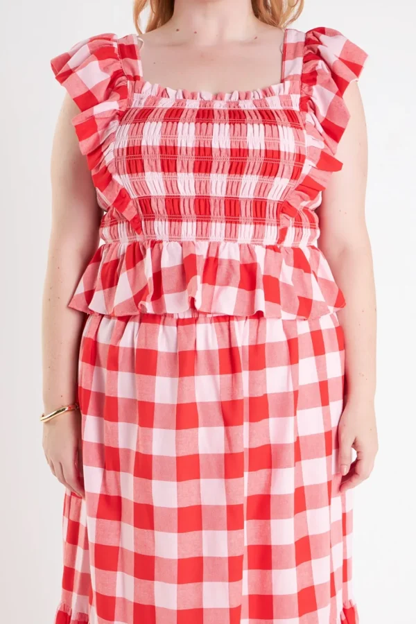 ENGLISH FACTORY Tops*- Gingham Smocked Top PINK/RED