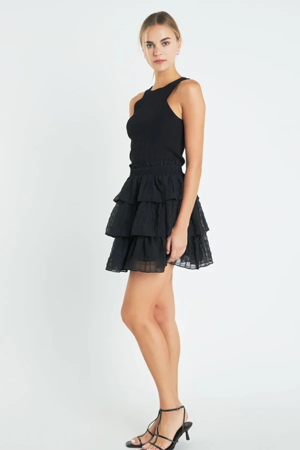 ENGLISH FACTORY Matching Sets | Skirts*- Gingham Chiffon Tiered Mini Skirt BLACK