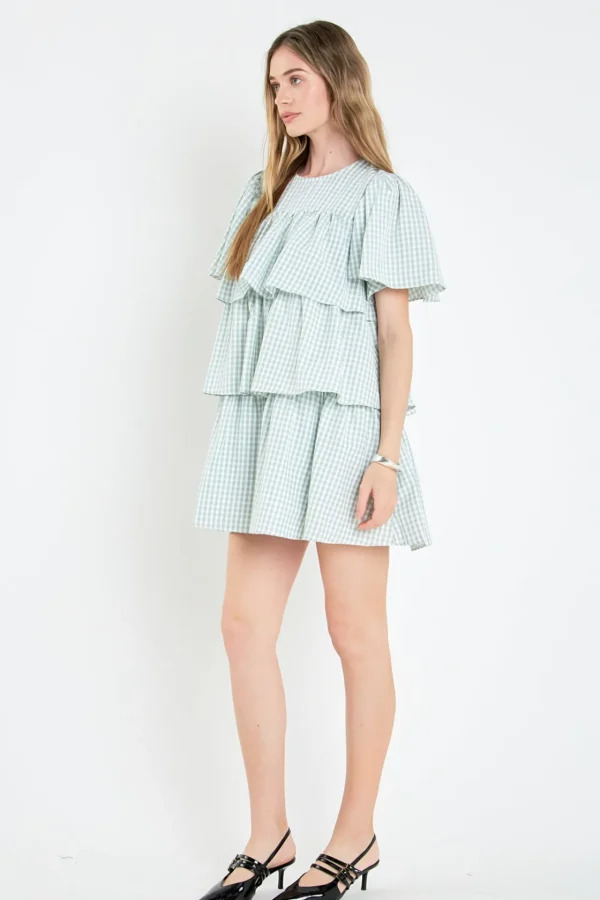 ENGLISH FACTORY Tops*- Gingham Print Tiered Dress GREEN/WHITE