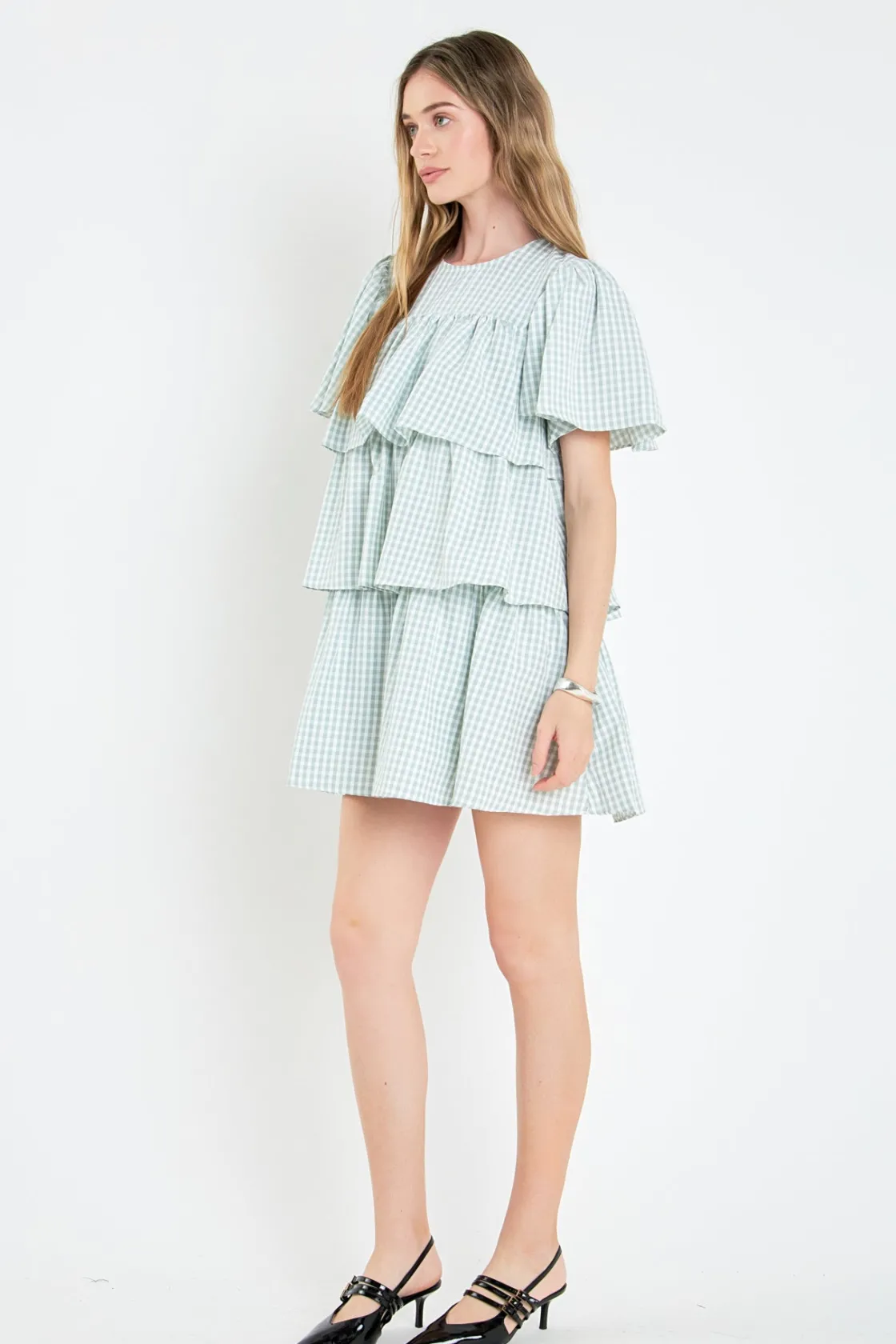 english_factory__gingham__1-2.webp ENGLISH FACTORY Tops*- Gingham Print Tiered Dress GREEN/WHITE