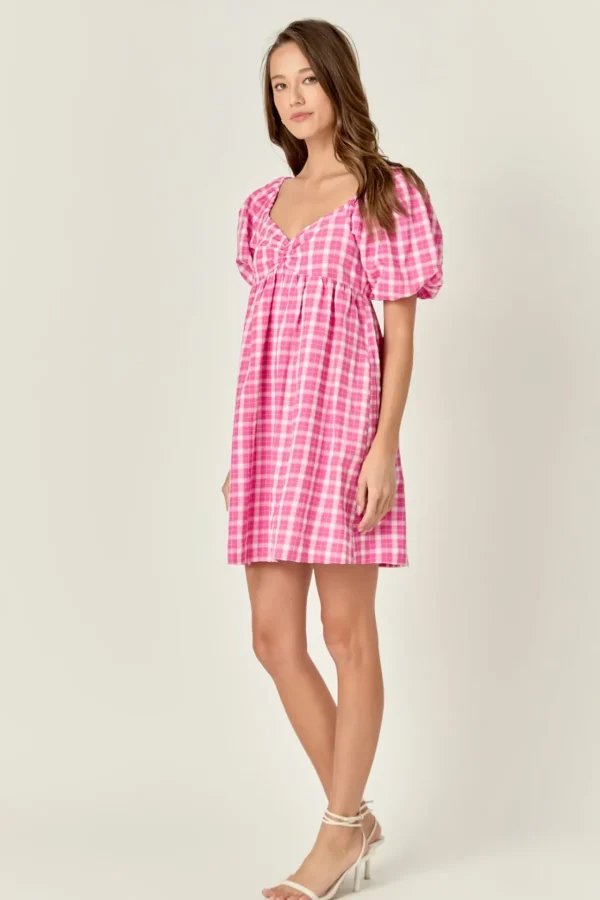 ENGLISH FACTORY Puff Sleeve | Tops*- Gingham Linen Sweetheart Baby Doll
