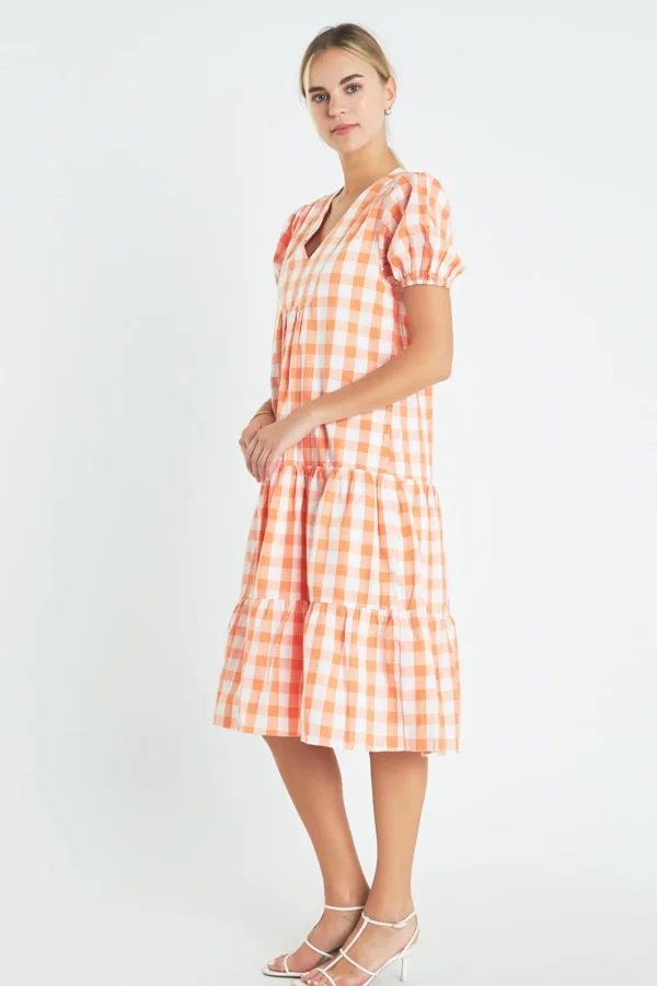 ENGLISH FACTORY Puff Sleeve | Tops*- Gingham Midi Dress ORANGE