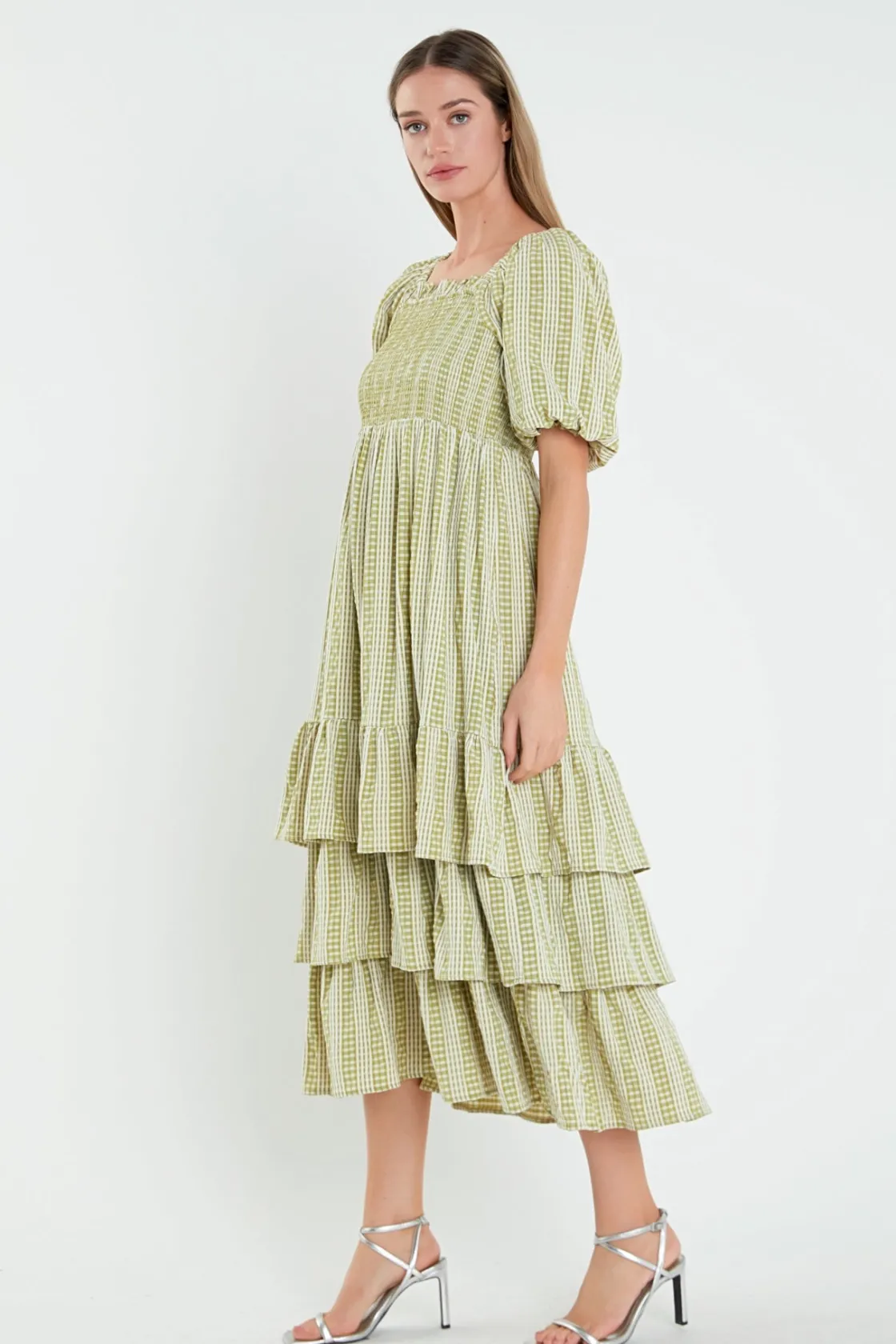 english_factory__gingham__1-28.webp ENGLISH FACTORY Puff Sleeve | Tops*- Gingham Striped Multi Tiered Maxi AVOCADO