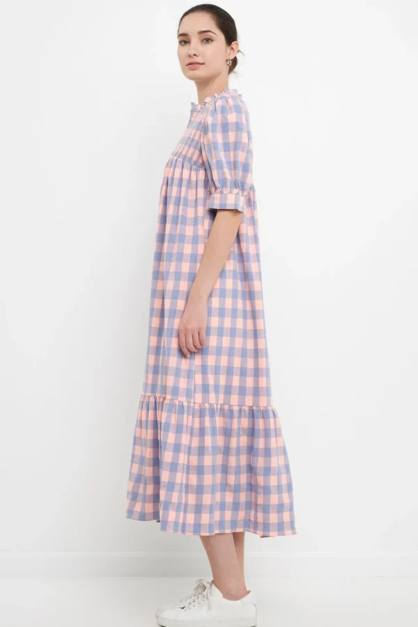ENGLISH FACTORY Puff Sleeve | Tops*- Gingham Textured Smocked Yoke Midi Dress PINKPURPLE