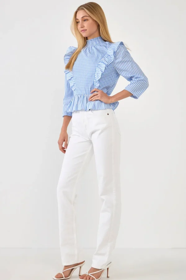 ENGLISH FACTORY Tops*- Gingham Check & Stripe Mixed Blouse POWDERBLUE