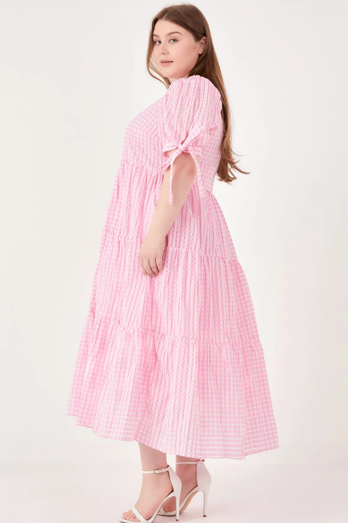 english_factory__gingham__1-30.webp ENGLISH FACTORY White Dresses | Tops*- Gingham Tiered Midi Dress with Bow Tie Sleeves - Plus