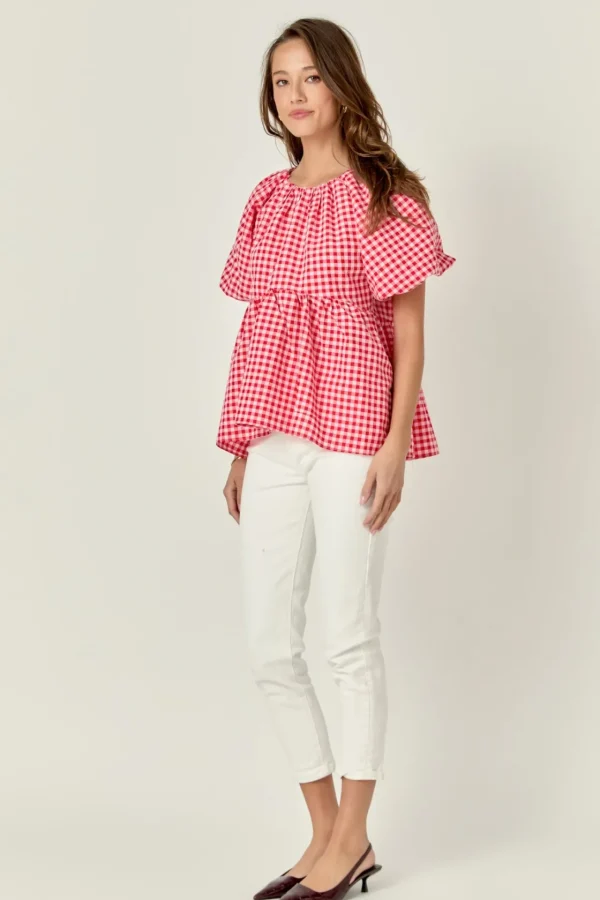 ENGLISH FACTORY Tops*- Gingham Neck Shirred Flowy Top PINK/RED