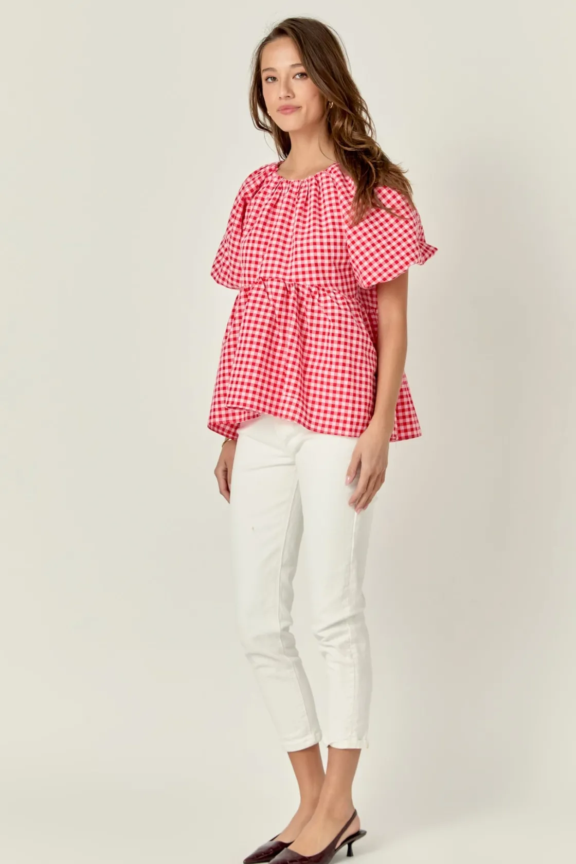 english_factory__gingham__1-4.webp ENGLISH FACTORY Tops*- Gingham Neck Shirred Flowy Top PINK/RED