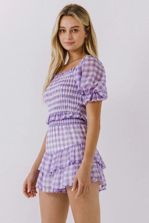 ENGLISH FACTORY Tops*- Gingham Print Smocked Top LILAC