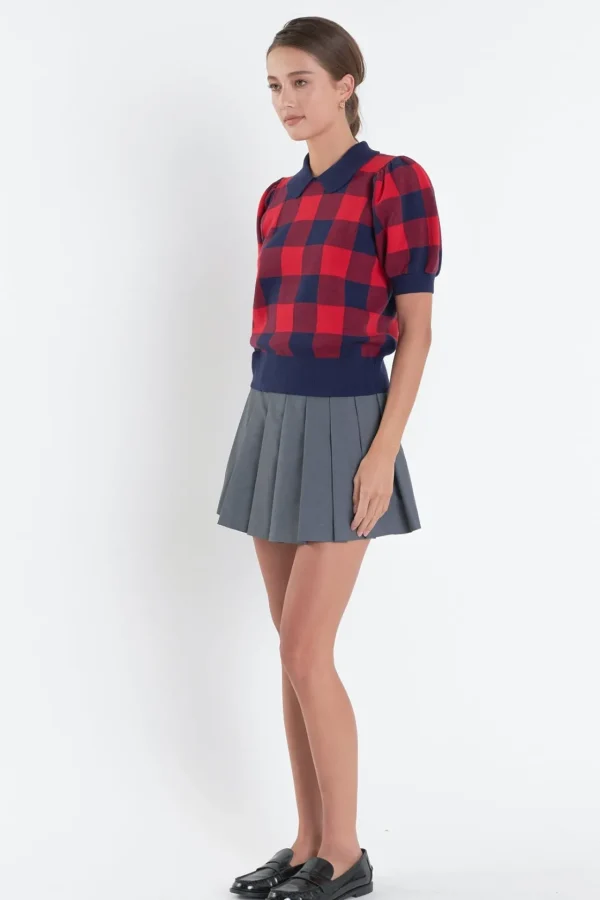 ENGLISH FACTORY Tops*- Gingham Collar Knit Top NAVY/RED