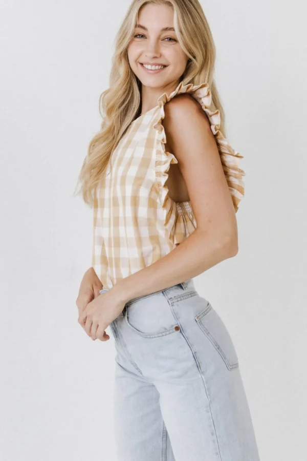 ENGLISH FACTORY Tops*- Gingham Ruffled Top BEIGE