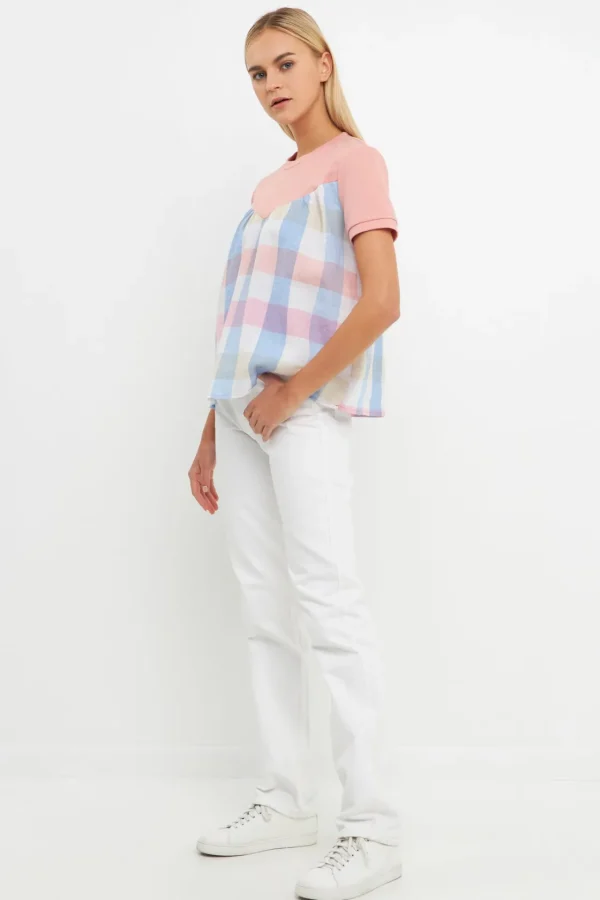 ENGLISH FACTORY Tops*- Gingham Combo Top PINK