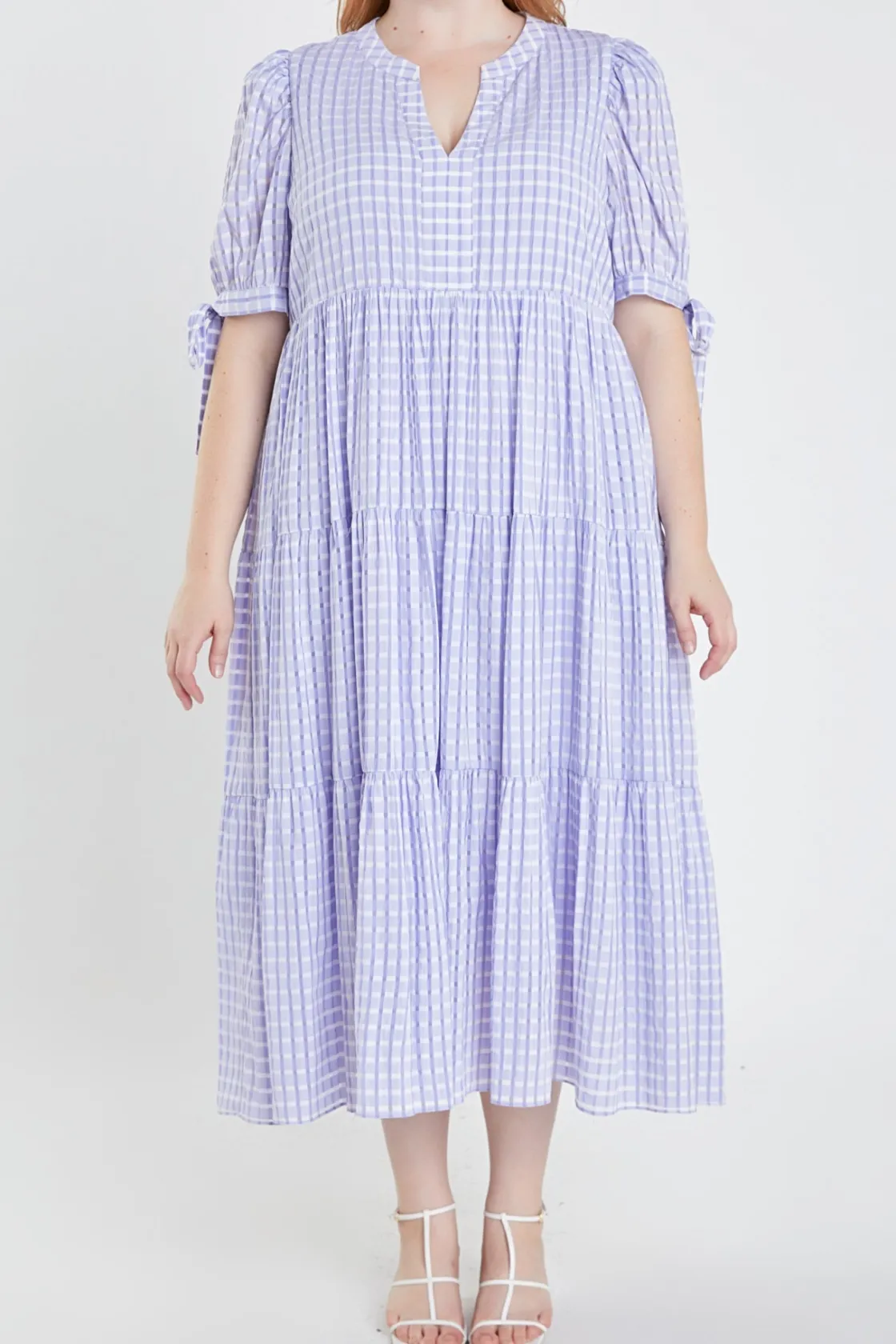 english_factory__gingham__10.webp ENGLISH FACTORY White Dresses | Tops*- Gingham Tiered Midi Dress with Bow Tie Sleeves - Plus
