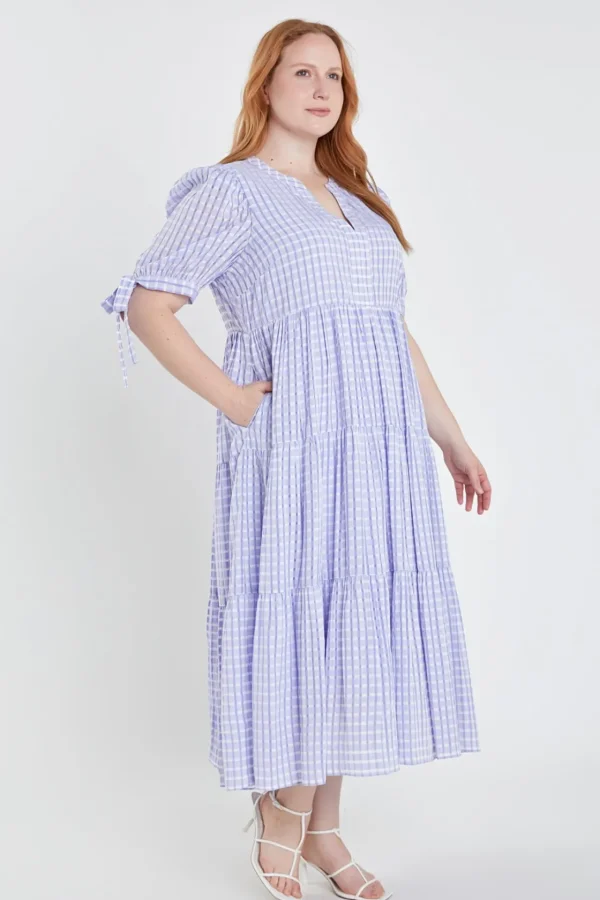 ENGLISH FACTORY White Dresses | Tops*- Gingham Tiered Midi Dress with Bow Tie Sleeves - Plus