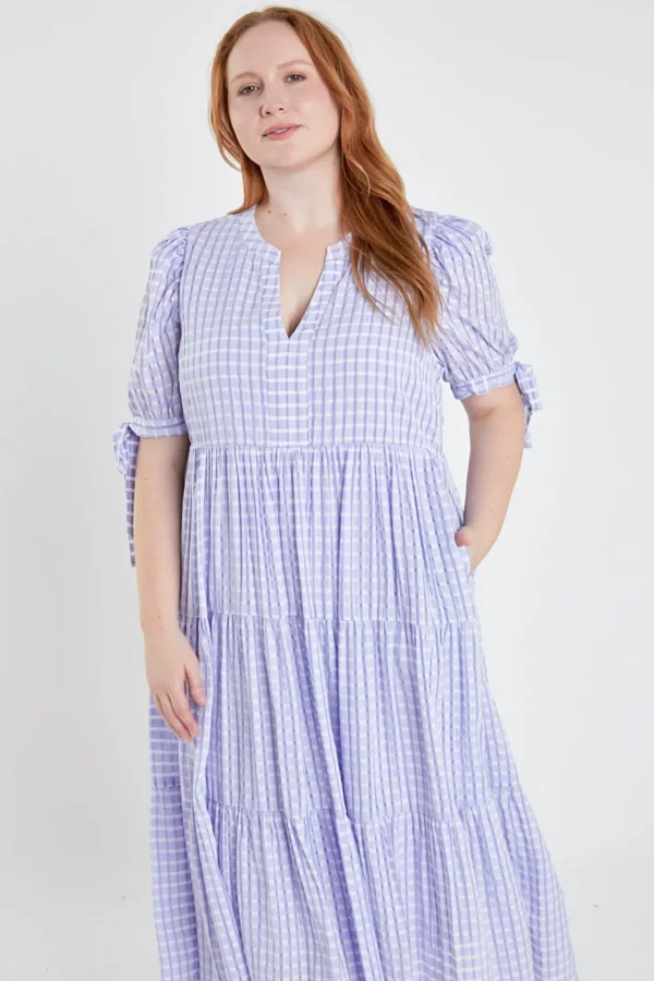 ENGLISH FACTORY White Dresses | Tops*- Gingham Tiered Midi Dress with Bow Tie Sleeves - Plus