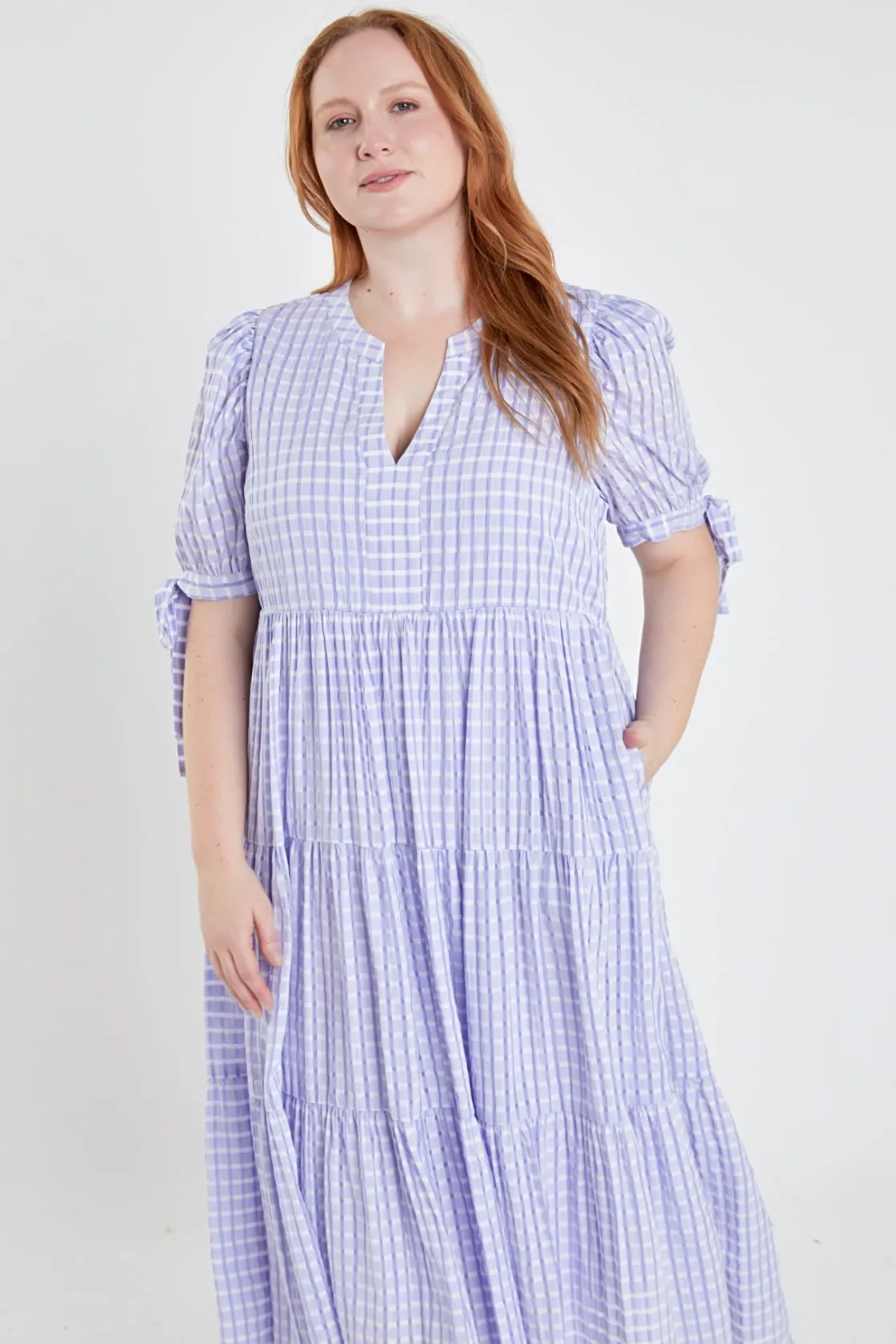 english_factory__gingham__13.webp ENGLISH FACTORY White Dresses | Tops*- Gingham Tiered Midi Dress with Bow Tie Sleeves - Plus