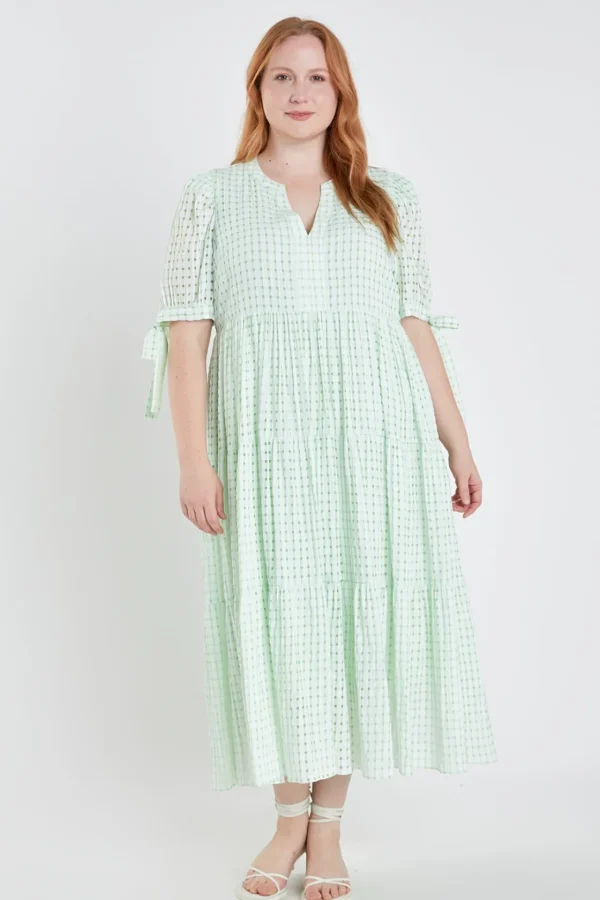 ENGLISH FACTORY White Dresses | Tops*- Gingham Tiered Midi Dress with Bow Tie Sleeves - Plus