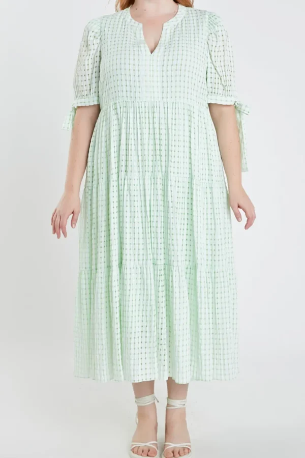 ENGLISH FACTORY White Dresses | Tops*- Gingham Tiered Midi Dress with Bow Tie Sleeves - Plus