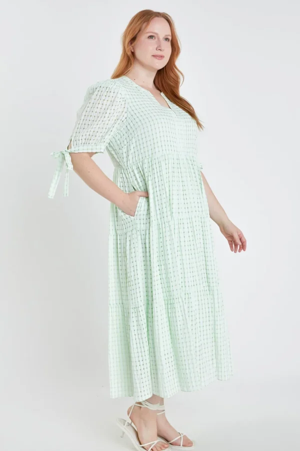 ENGLISH FACTORY White Dresses | Tops*- Gingham Tiered Midi Dress with Bow Tie Sleeves - Plus