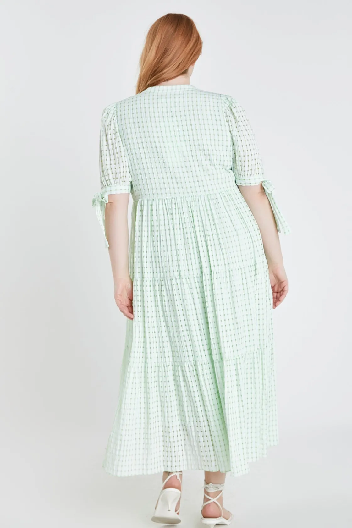 english_factory__gingham__17.webp ENGLISH FACTORY White Dresses | Tops*- Gingham Tiered Midi Dress with Bow Tie Sleeves - Plus
