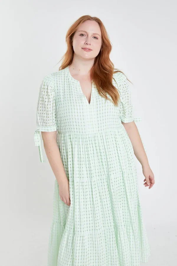 ENGLISH FACTORY White Dresses | Tops*- Gingham Tiered Midi Dress with Bow Tie Sleeves - Plus