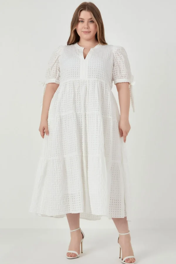 ENGLISH FACTORY White Dresses | Tops*- Gingham Tiered Midi Dress with Bow Tie Sleeves - Plus