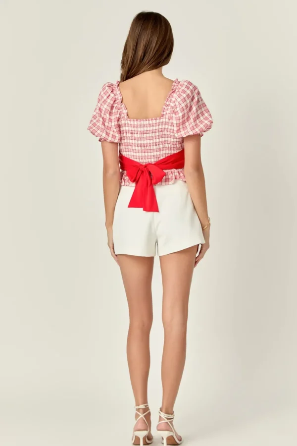 ENGLISH FACTORY Tops*- Gingham Contrast Bow Top RED