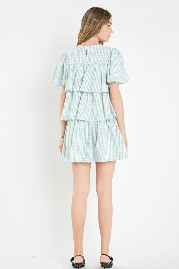 ENGLISH FACTORY Tops*- Gingham Print Tiered Dress GREEN/WHITE