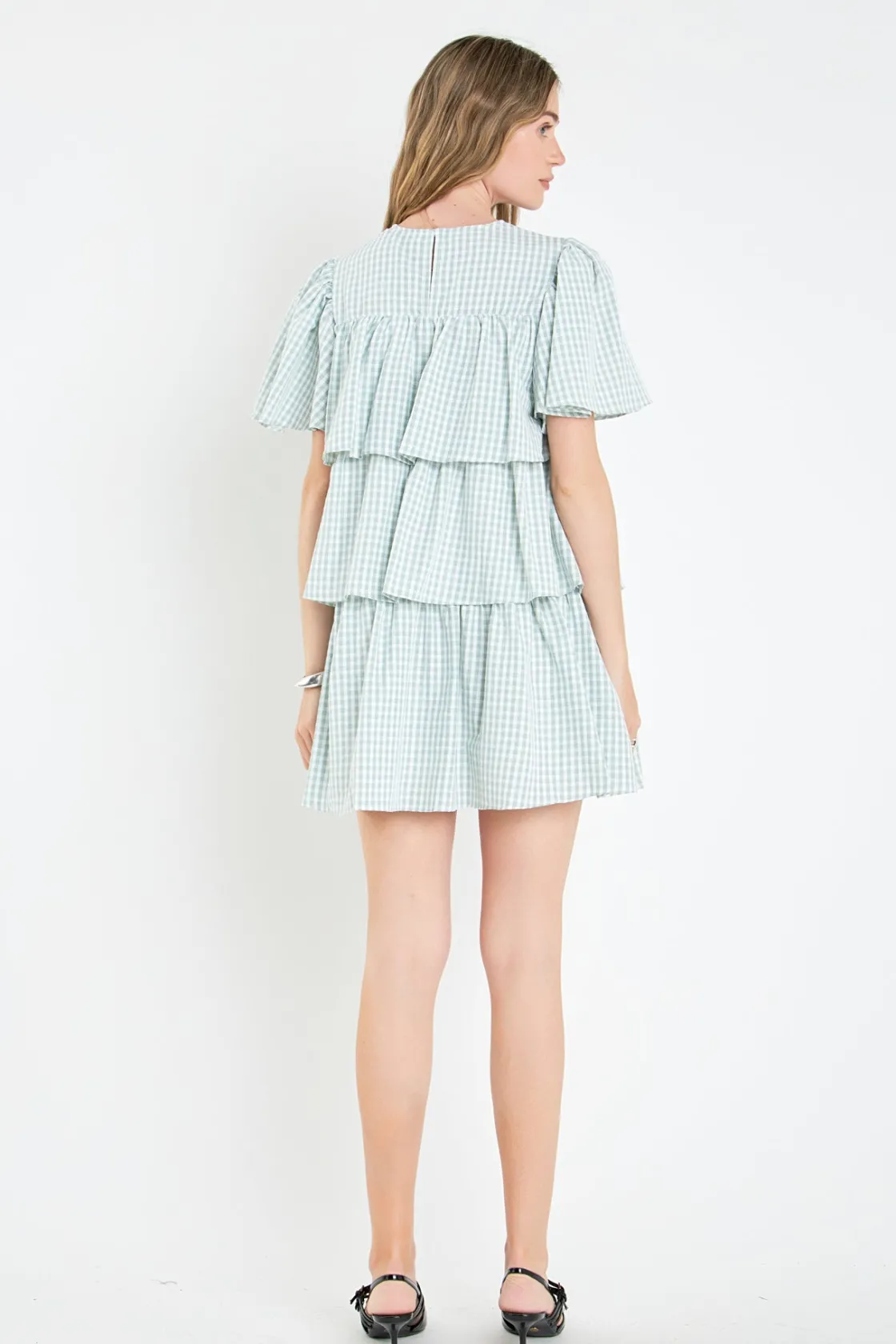 english_factory__gingham__2-2.webp ENGLISH FACTORY Tops*- Gingham Print Tiered Dress GREEN/WHITE