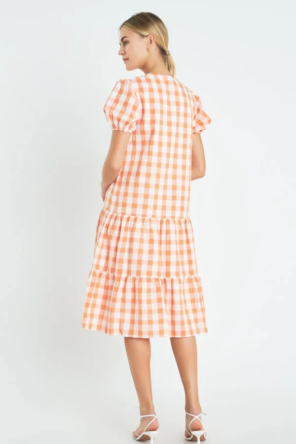 ENGLISH FACTORY Puff Sleeve | Tops*- Gingham Midi Dress ORANGE
