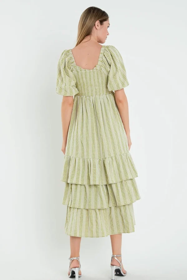 ENGLISH FACTORY Puff Sleeve | Tops*- Gingham Striped Multi Tiered Maxi AVOCADO