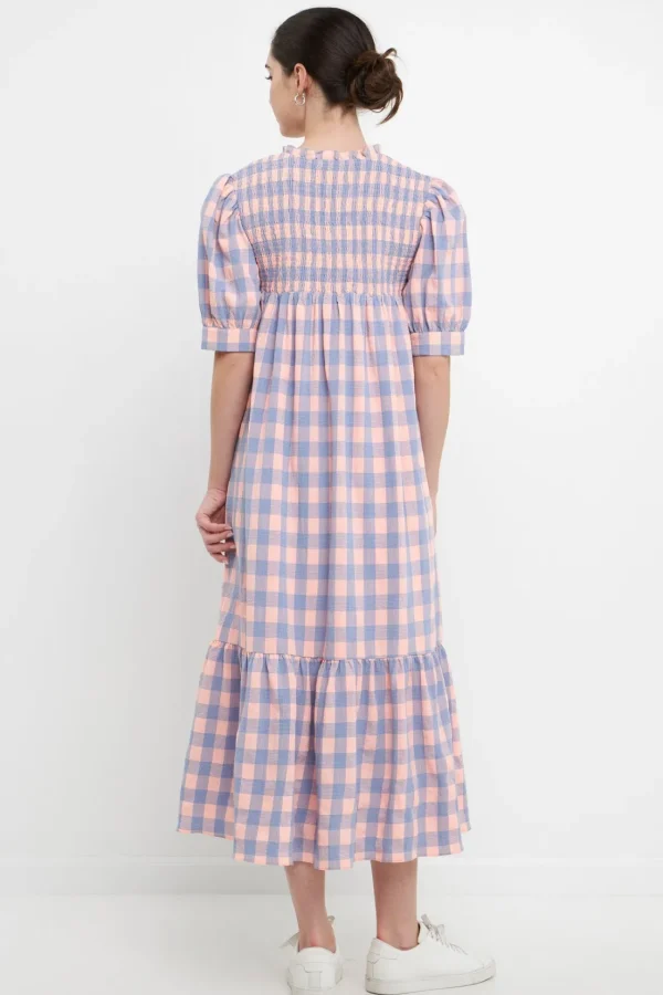 ENGLISH FACTORY Puff Sleeve | Tops*- Gingham Textured Smocked Yoke Midi Dress PINKPURPLE