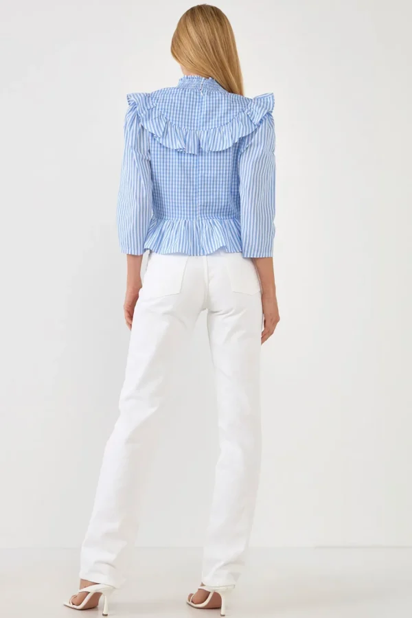 ENGLISH FACTORY Tops*- Gingham Check & Stripe Mixed Blouse POWDERBLUE