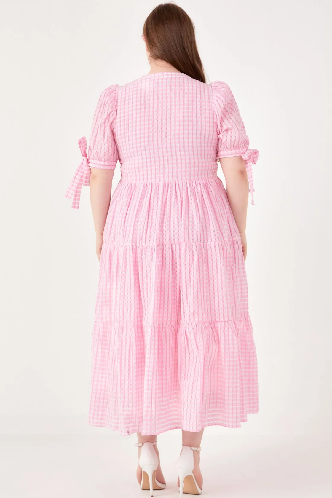 english_factory__gingham__2-30.webp ENGLISH FACTORY White Dresses | Tops*- Gingham Tiered Midi Dress with Bow Tie Sleeves - Plus