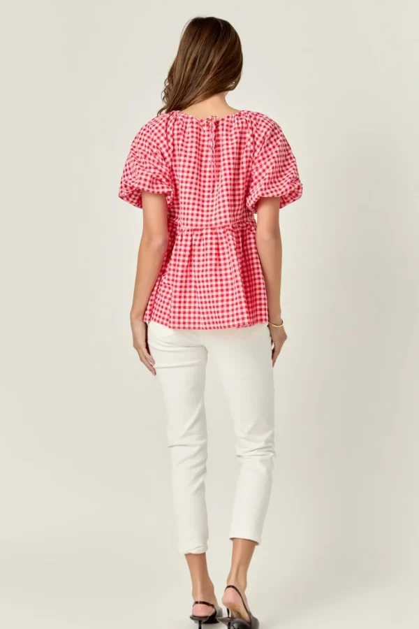 ENGLISH FACTORY Tops*- Gingham Neck Shirred Flowy Top PINK/RED
