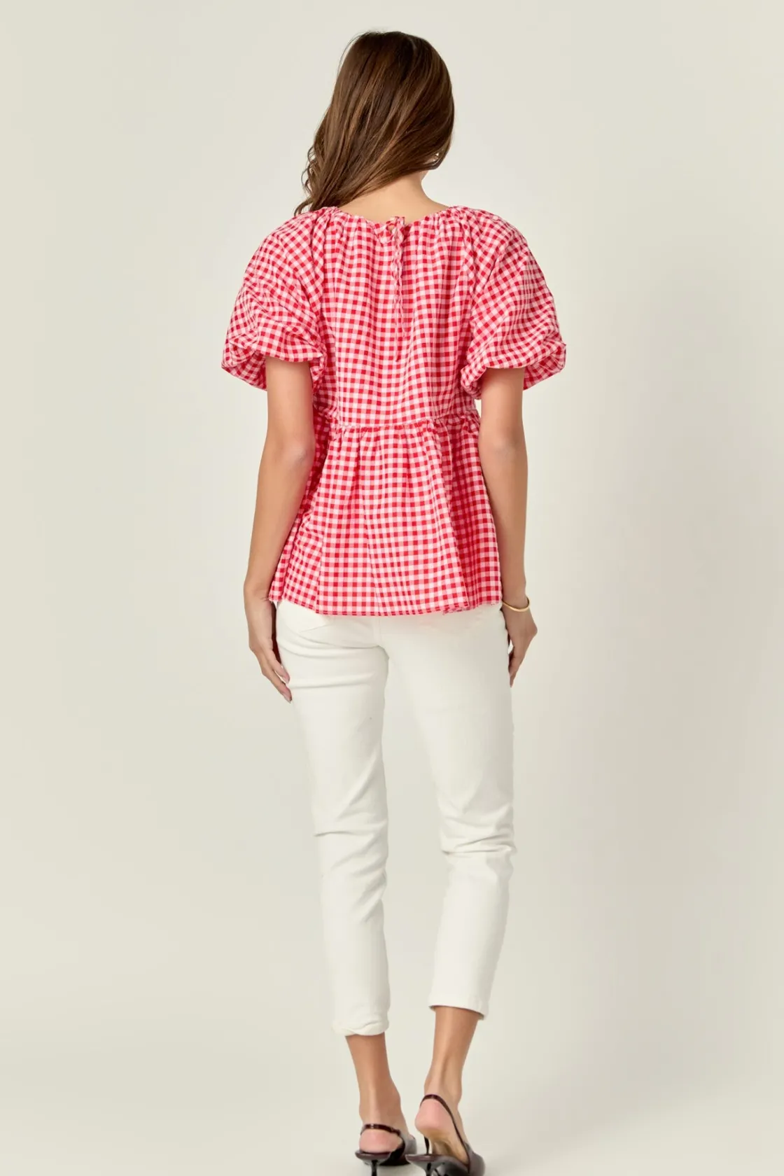english_factory__gingham__2-4.webp ENGLISH FACTORY Tops*- Gingham Neck Shirred Flowy Top PINK/RED
