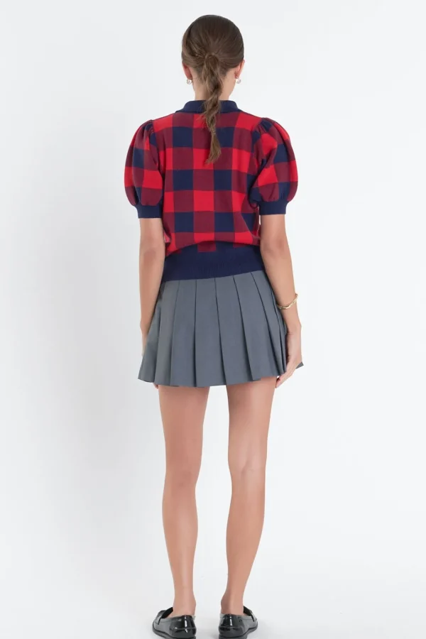 ENGLISH FACTORY Tops*- Gingham Collar Knit Top NAVY/RED