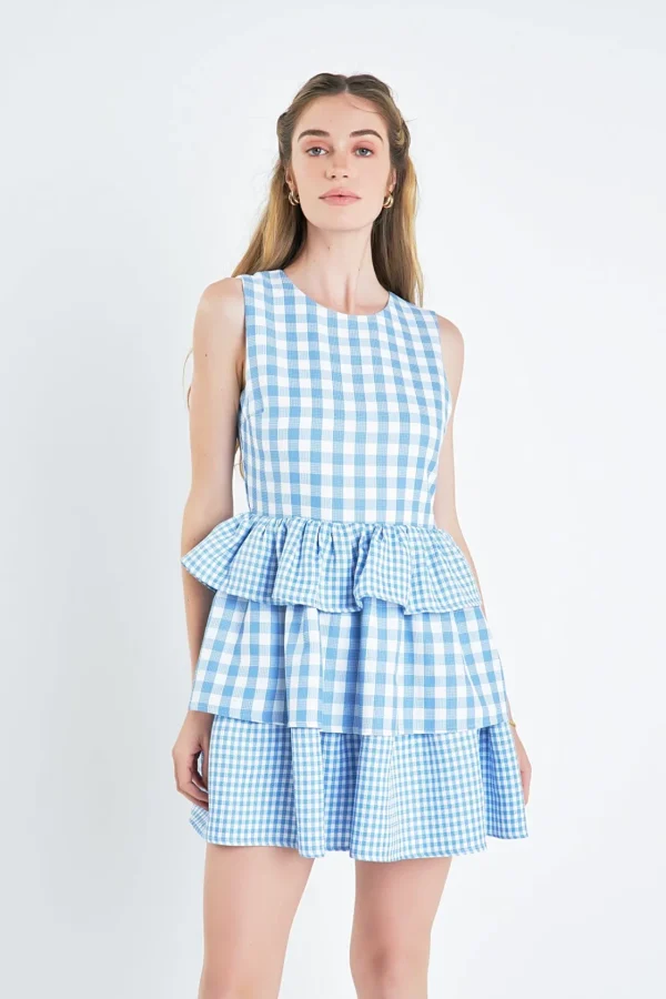ENGLISH FACTORY Tops*- Gingham Tiered Sleeveless Mini Dress OCEANBLUE