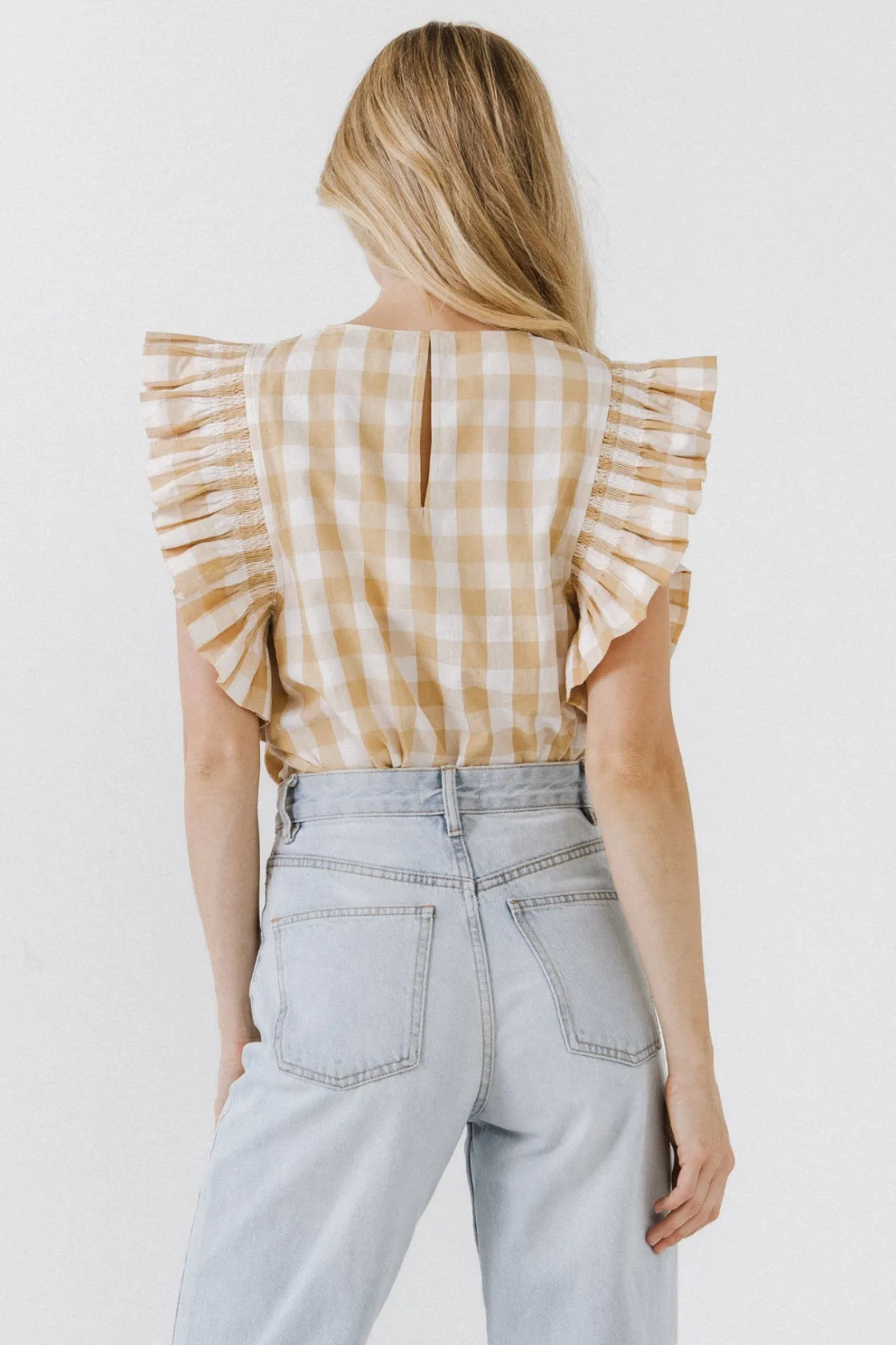 english_factory__gingham__2-7.webp ENGLISH FACTORY Tops*- Gingham Ruffled Top BEIGE